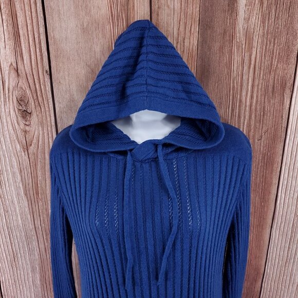 *Flaw Betabrand Seaside Jumper Womens Large Blue Knit Hooded Sweater Thumb Holes - Picture 4 of 12
